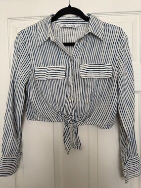 Zara Navy and White Striped Tie-Waist Button-Down Shirt - Linen blend